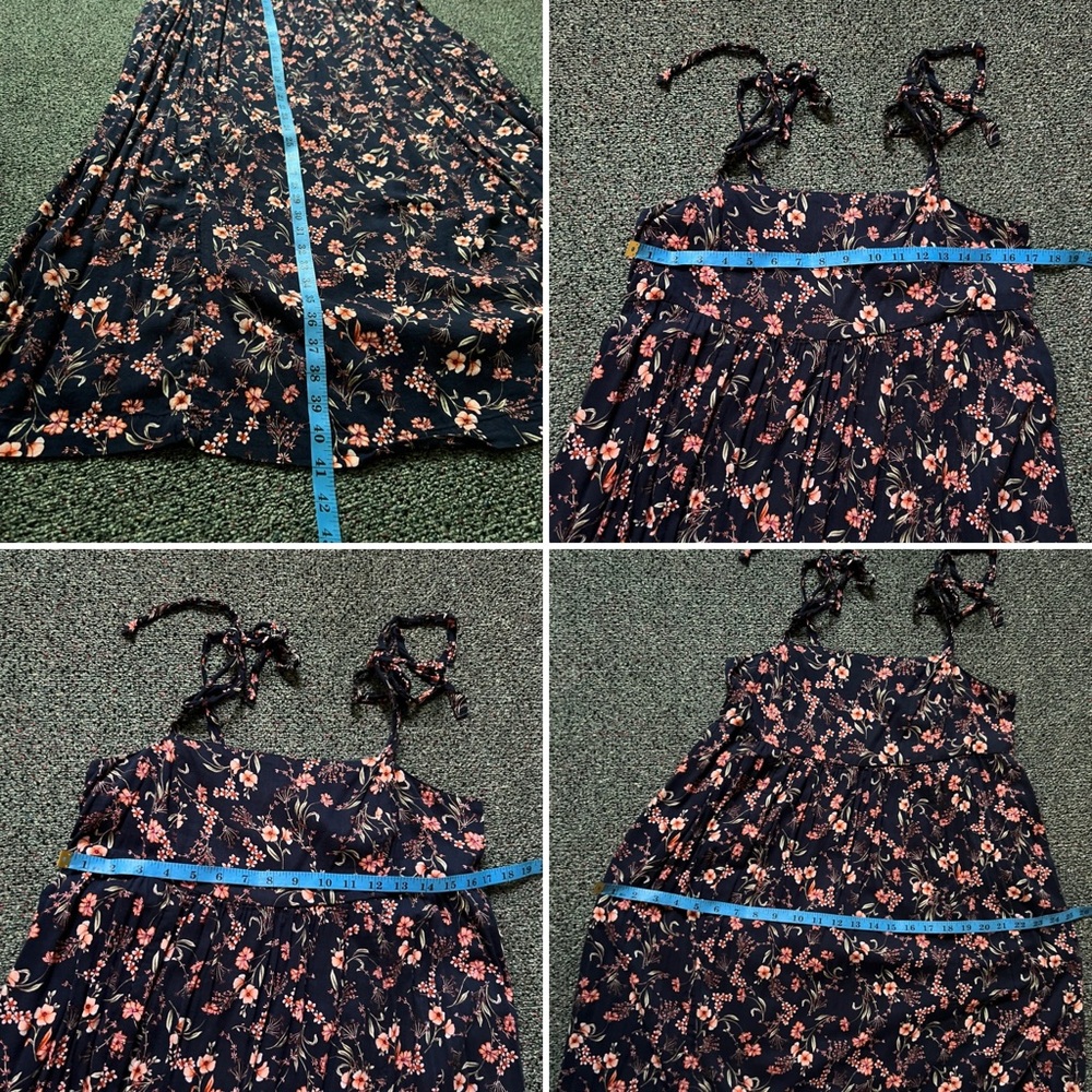Navy Floral Print Midi Swing Tie Shoulder Square Neck Casual Flowy Summer Dress - Picture 16 of 16